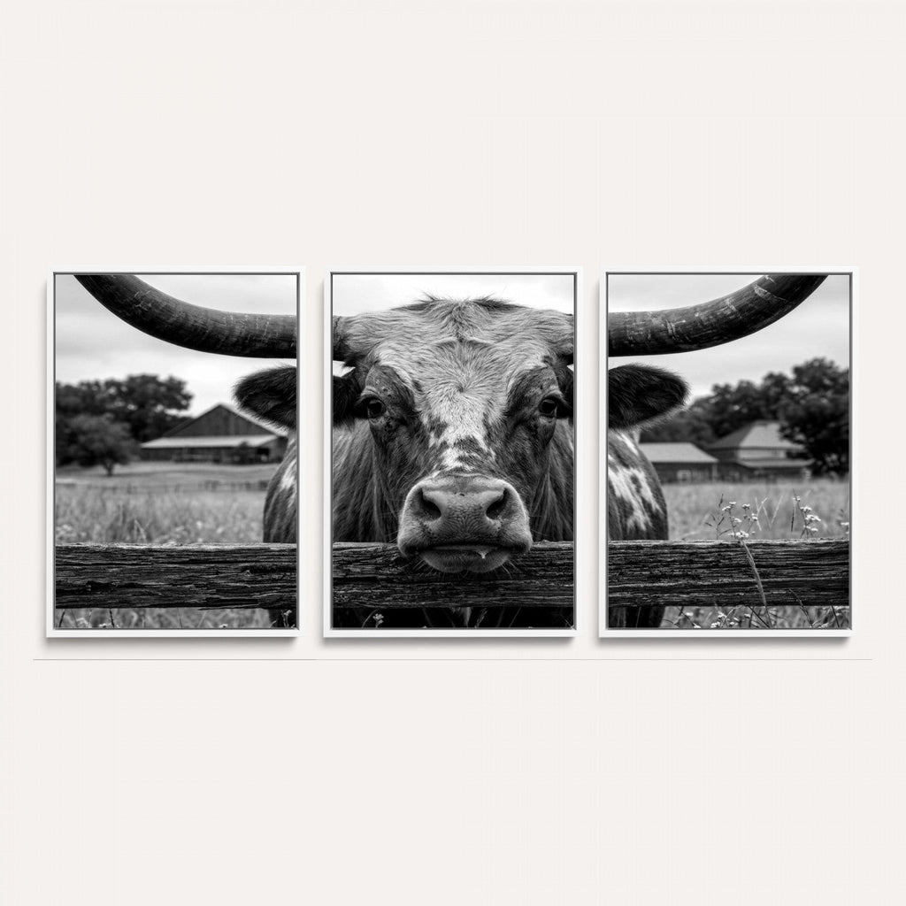 Black White Texas Longhorn Bull Canvas Wall Art, Western Ranch Cattle