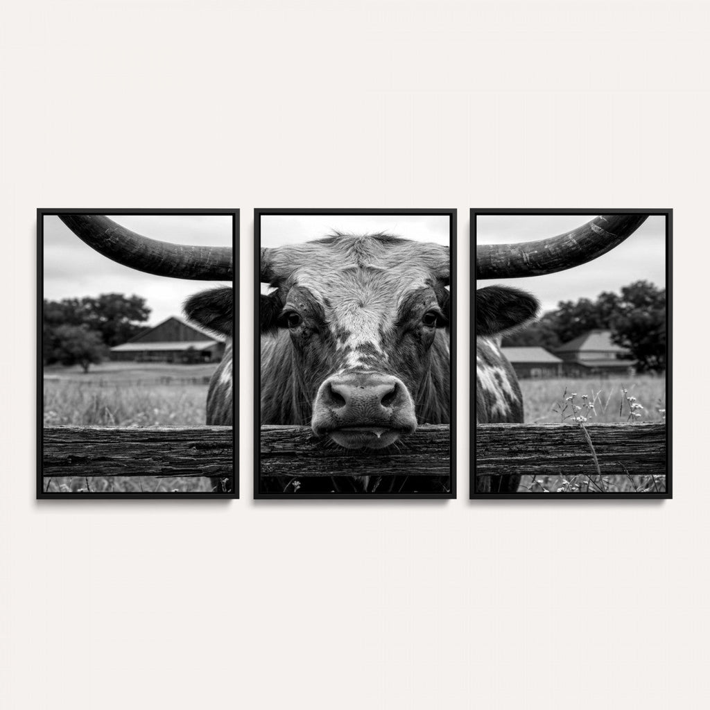 Black White Texas Longhorn Bull Canvas Wall Art, Western Ranch Cattle