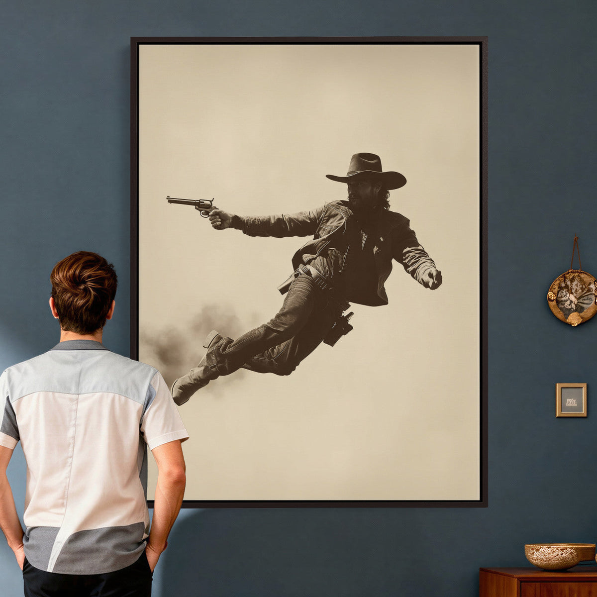 Cowboy Canvas Wall Art, Western Gunslinger Sepia Photo Print, Vintage