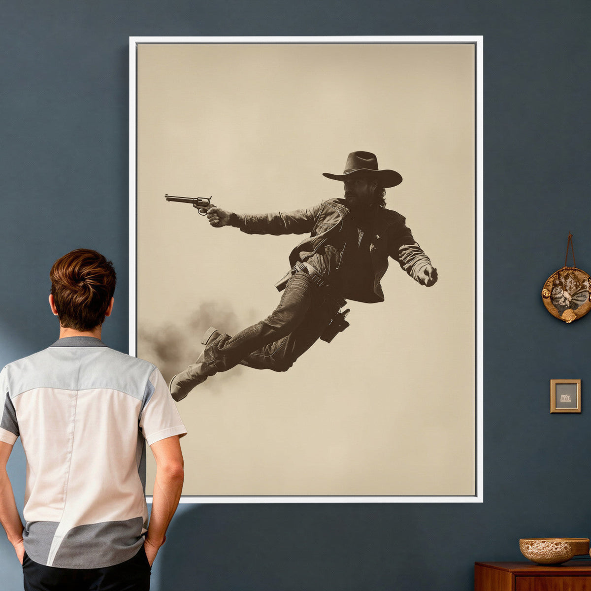 Cowboy Canvas Wall Art, Western Gunslinger Sepia Photo Print, Vintage