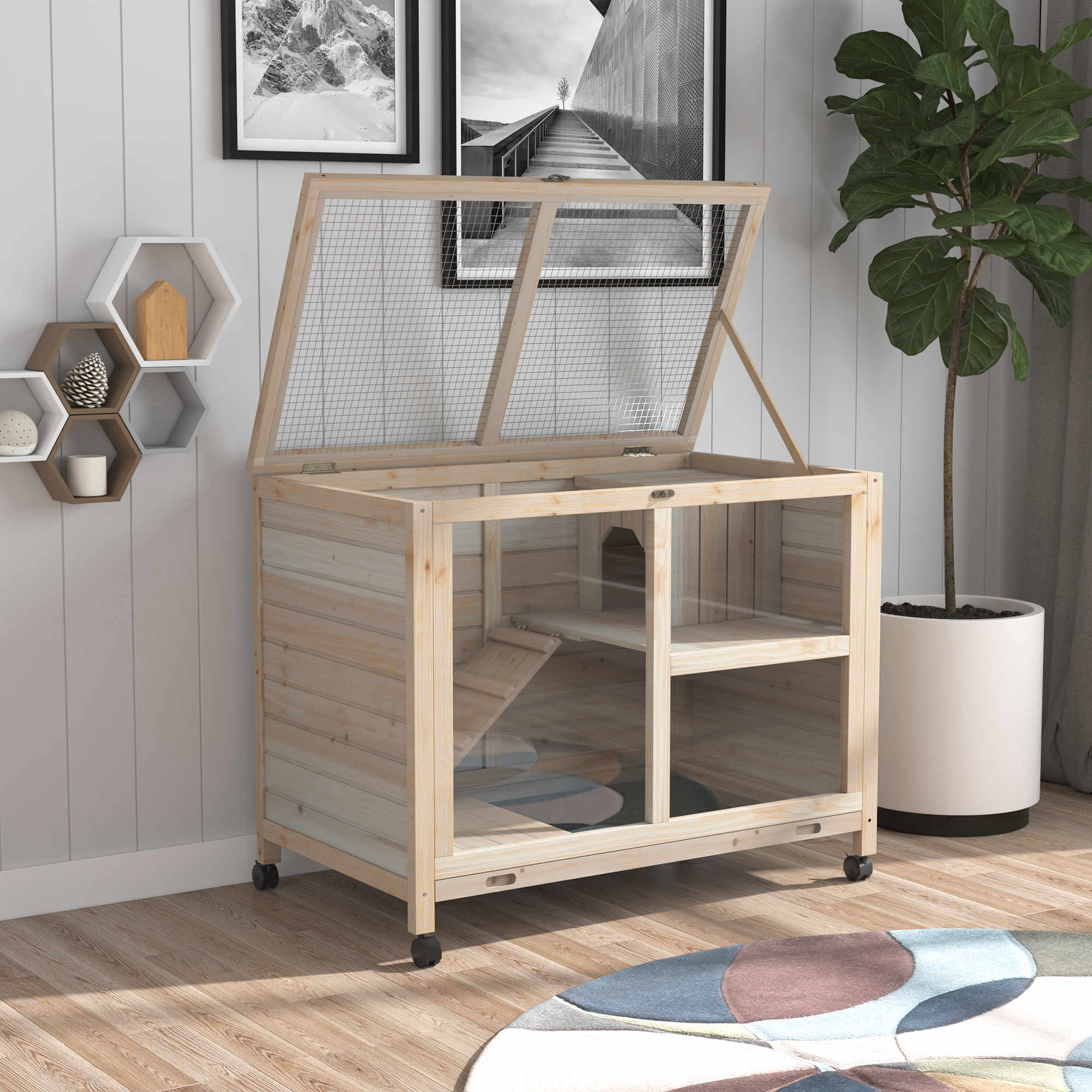 PawHut Indoor Rabbit Hutch with Wheels