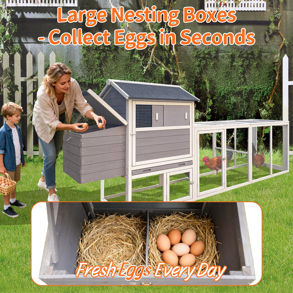 Gray Wooden Chicken Coop with Run and Nesting Box