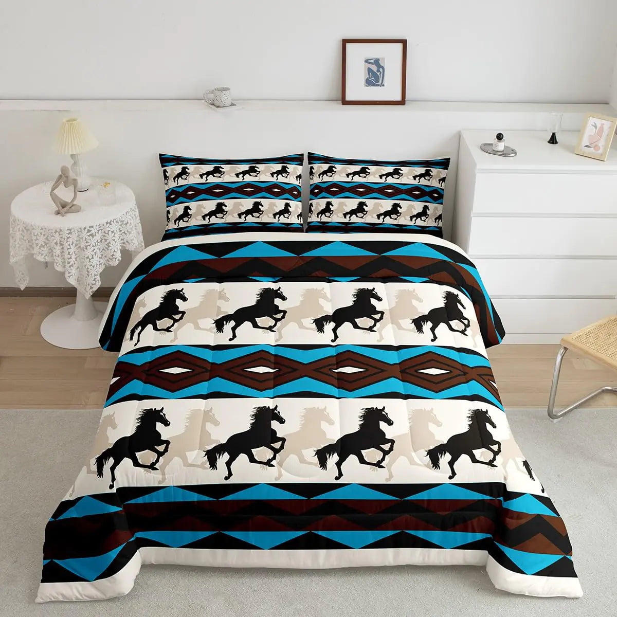 Running Horse Comforter Southwestern Wild Horses Comforter Set Boho Exotic Tribal Elements Bedding Set Toddler Size Kids Boys Girls Aztec Native American Down Comforter All Season Room Decor Boys