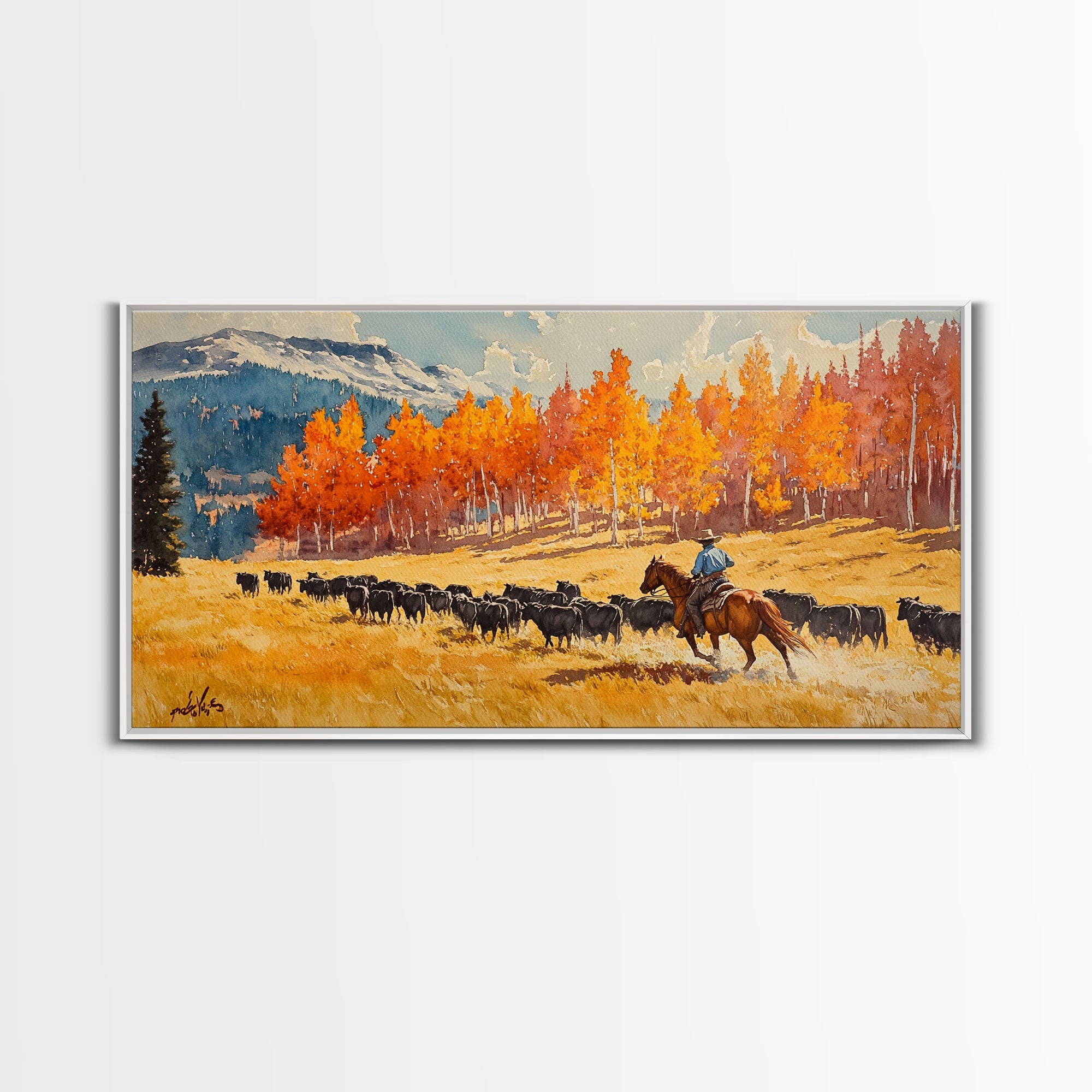 Cowboy Herding Cattle Under Mountains Framed Canvas Print Tall Art Autumn Country Landscape Fall Decor Western Wall Art Farmhouse Gift Idea