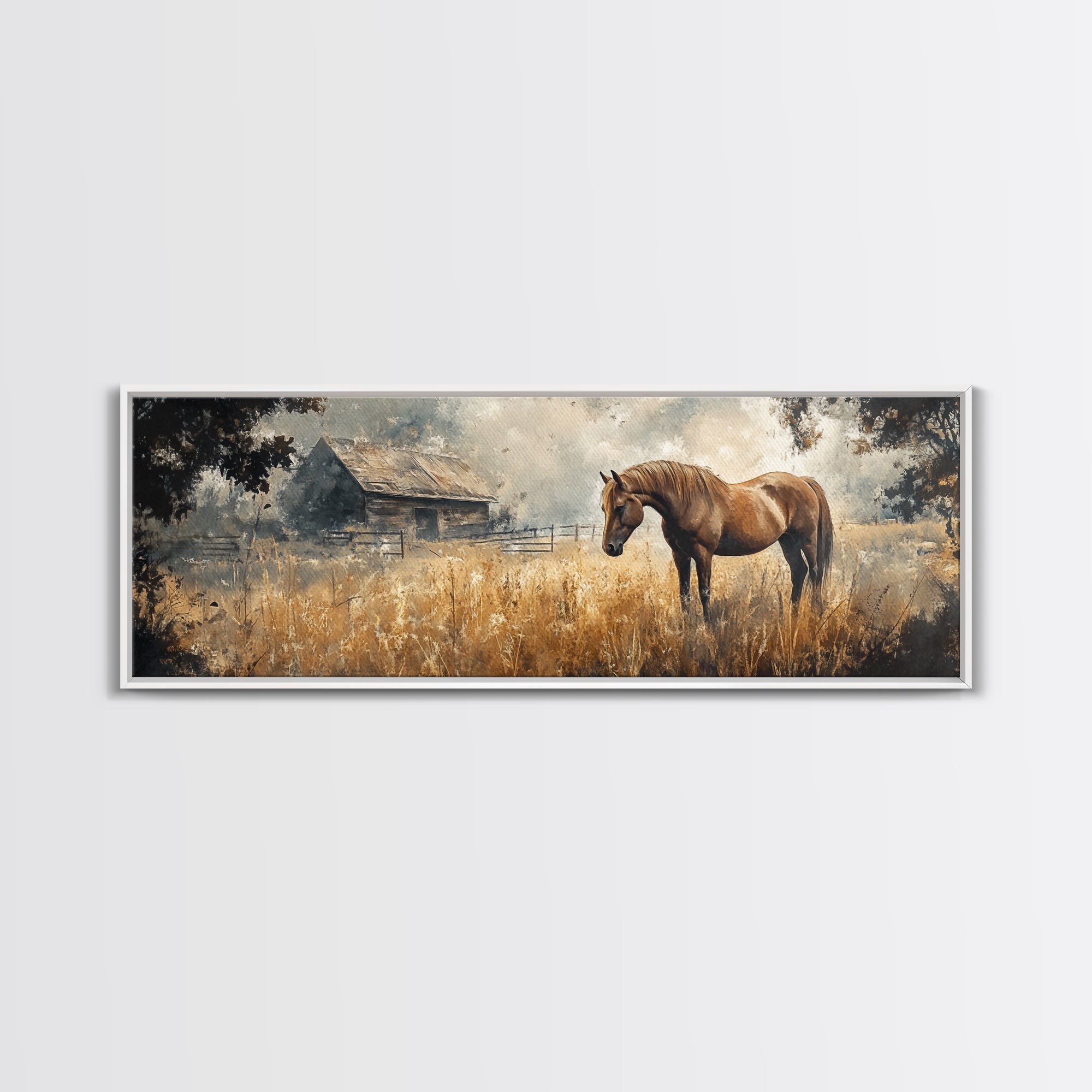 Framed Canvas Print Rustic Horse Art Vintage Farmhouse Decor Barn Landscape Oil Painting Above Couch Wall Art