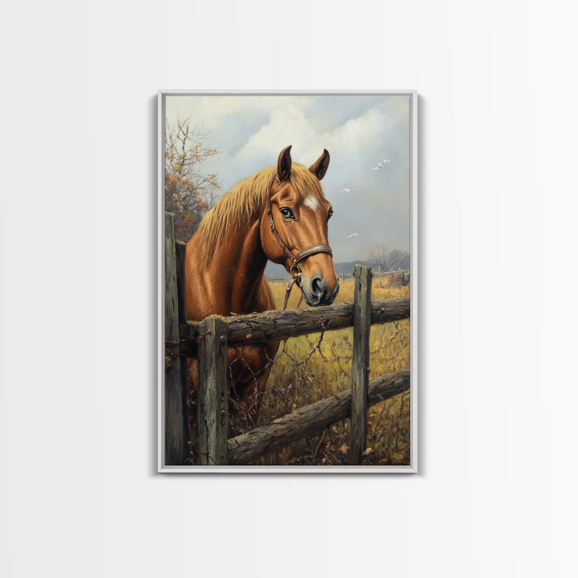 Farmhouse Horse Framed Canvas Print, Rustic Landscape Painting, Fall Bedroom Art, Gift Idea for Her, Cottagecore Wall Art