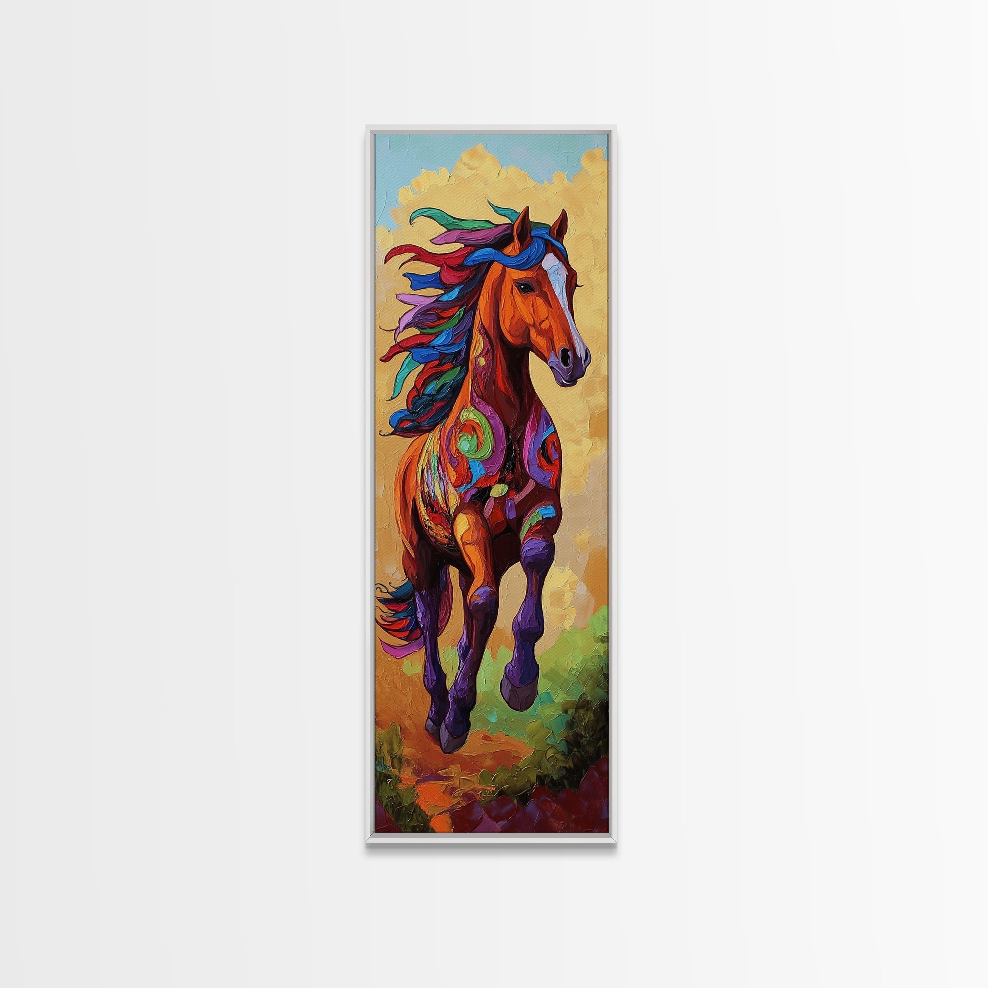 Horse Running, Abstract, Wild, Framed Canvas Print, Western Wall Art, Colorful Animal Decor, Rustic Living Room Art, Bold Horse Painting