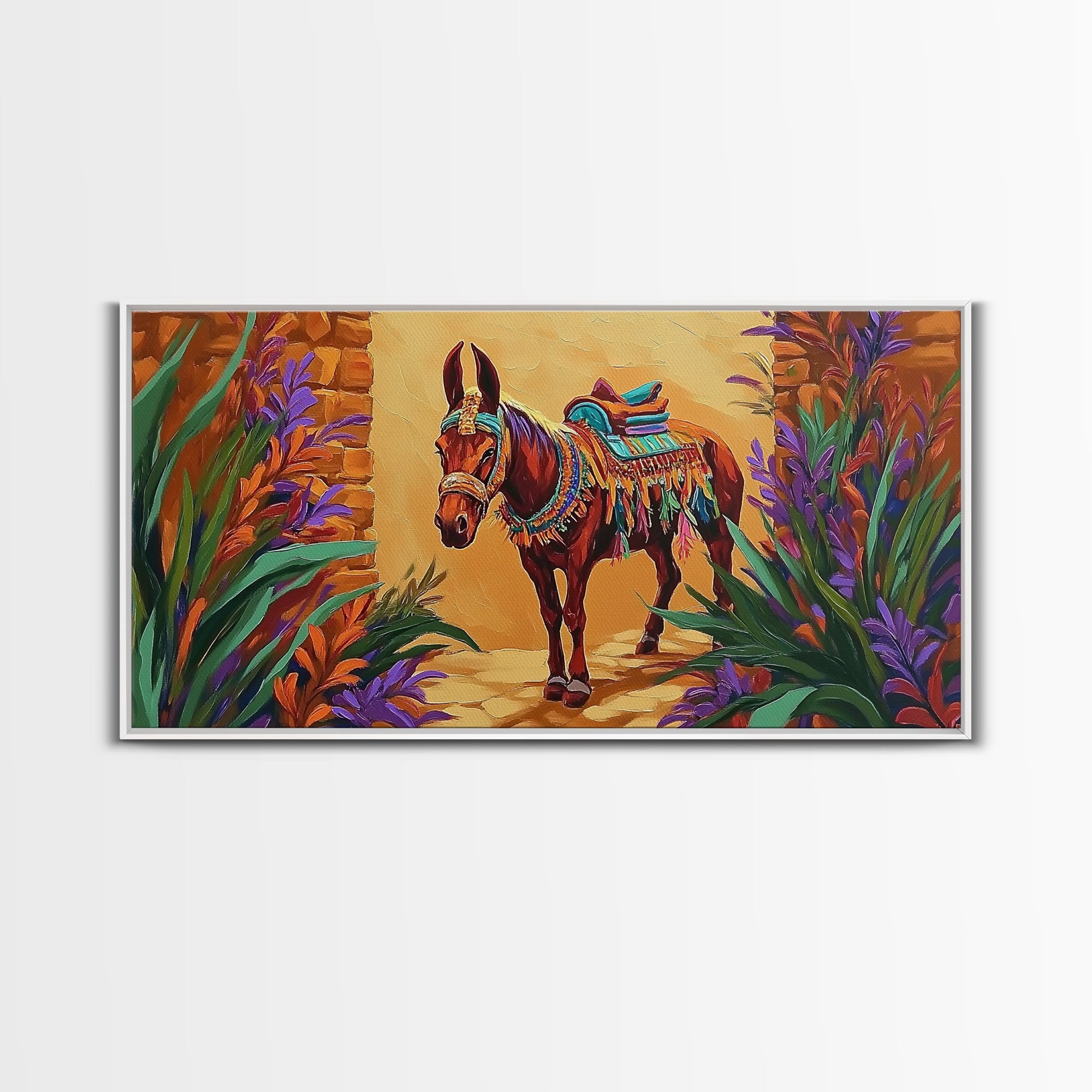 Fiesta Mule, Desert Horse, Rustic Charm, Framed Canvas Print, Western Wall Art, Entryway Decor, Colorful Southwest Painting