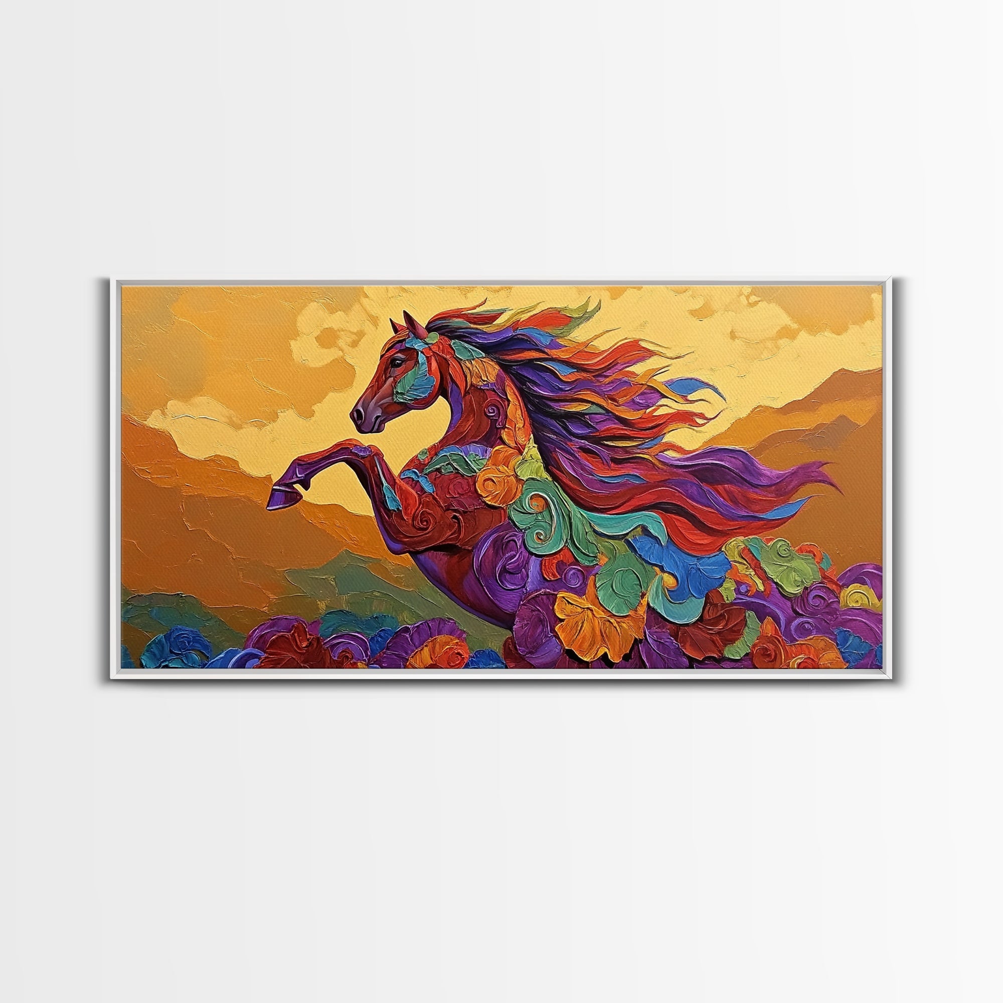 Horse Spirit, Sunset, Boho, Framed Canvas Print colorful western wall art, wild horse living room decor, boho equestrian nature artwork
