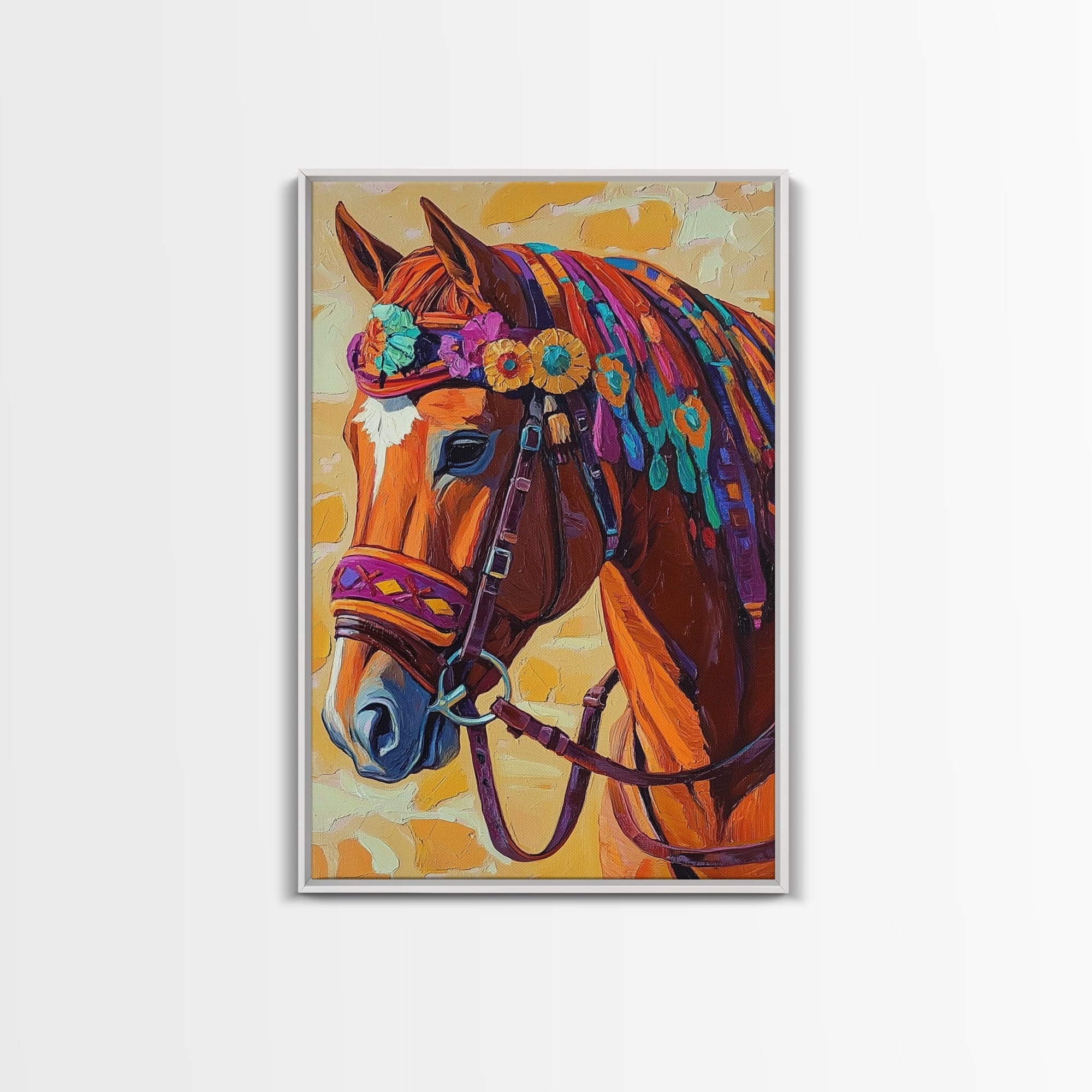 Horse Floral, Boho, Western, Framed Canvas Print colorful western horse painting, vibrant floral cowgirl decor, rustic farmhouse wall art
