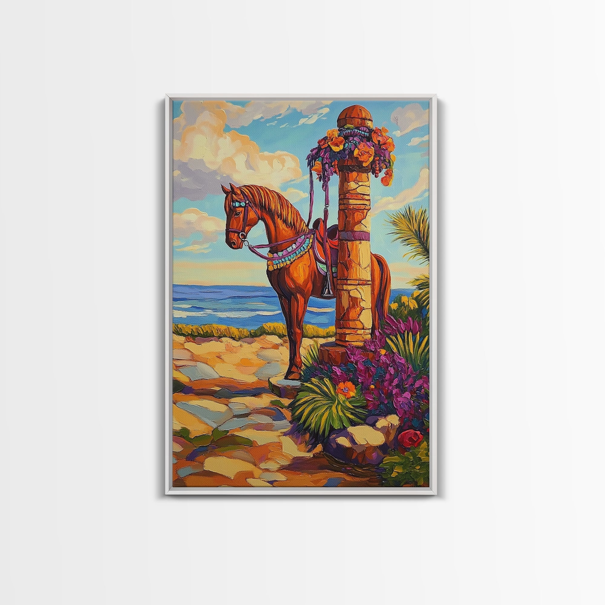 Horse Coast, Sky, Western, Framed Canvas Print scenic cowboy horse art, rustic western ocean view decor, farmhouse wall accent