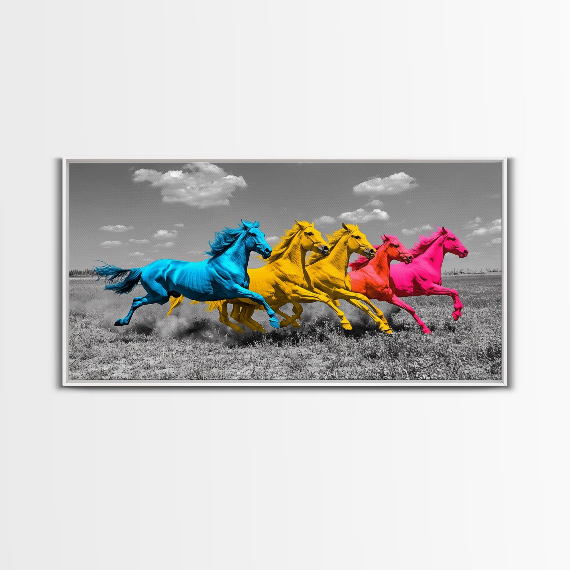 Wild Horses, Color Pop, Western Decor, Boho Style, Framed Canvas Print, Vibrant Horse Wall Art, Living Room Wall Decor, Equestrian Artwork