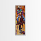 Vertical Acrylic Painting of Colorful Jalisco Cowboy Riding Horse Framed and Printed on Canvas, Mexican Inspired Wall Art for Living Room