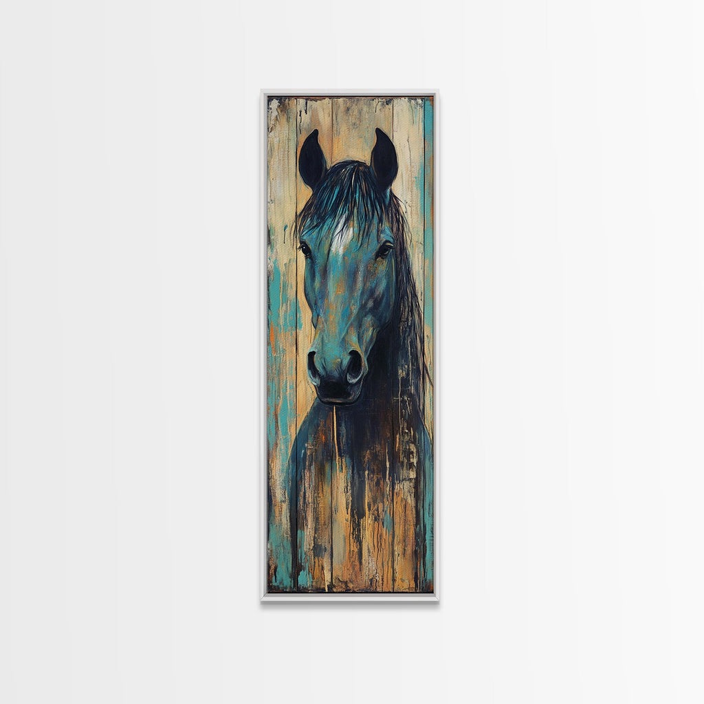 Rustic Blue Horse Painting Canvas Print Farmhouse Wall Art Vintage Horse Art Moody Art Living Room Art Southwest Wall Art