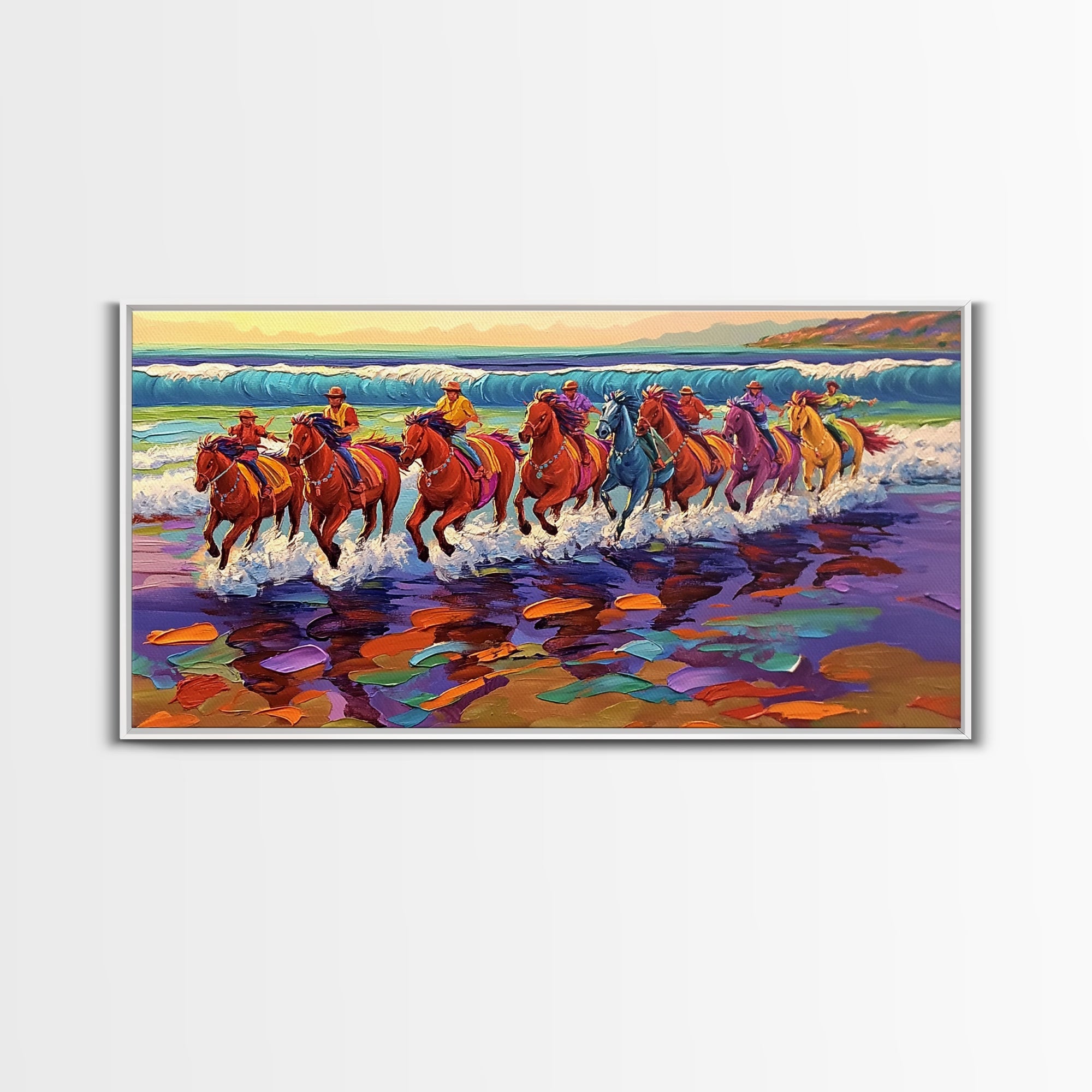 Galloping Horses, horse painting, vintage horse art, framed canvas print, coastal cowgirl wall art, whimsical art, rustic wall art