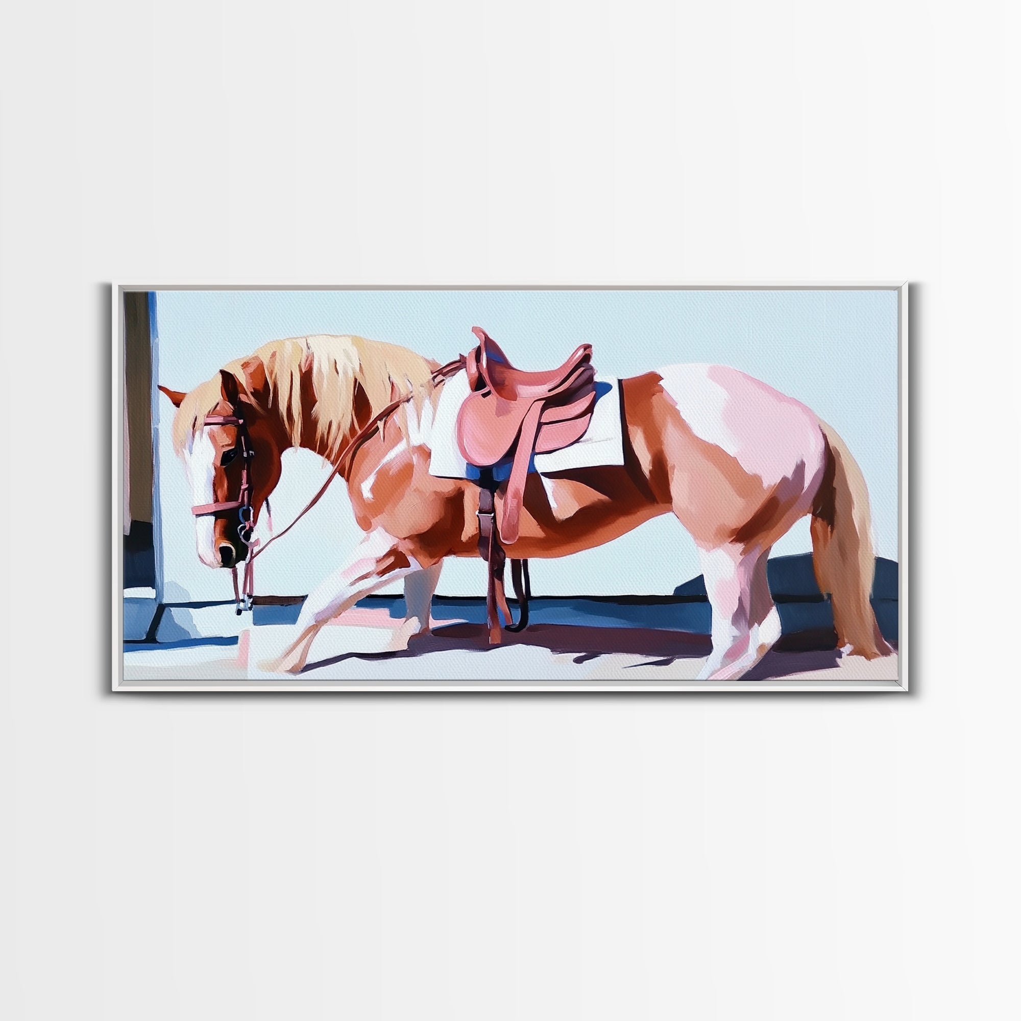 Saddled Horse Art, Vintage Horse Painting, Equestrian Wall Art, Rustic Western Decor, Framed Canvas Print, Gift Idea, Country Home Decor