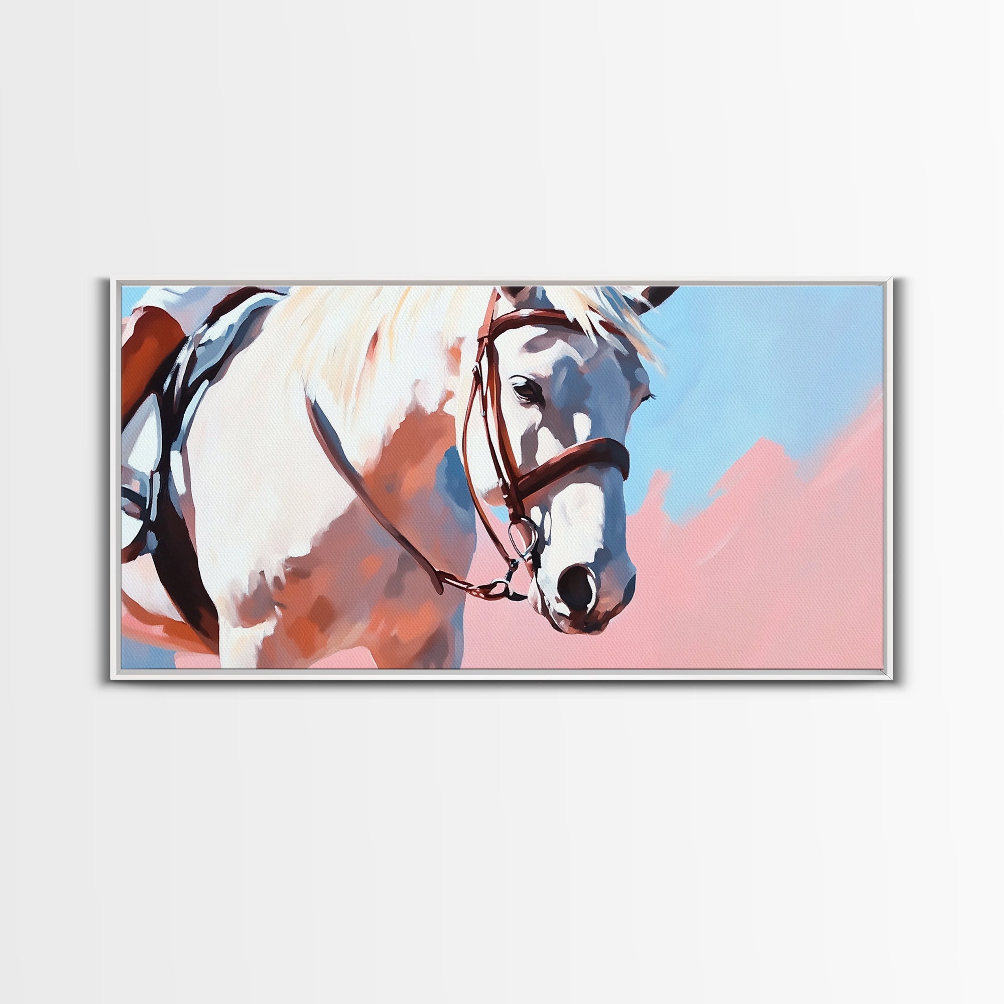White Horse Art, Vintage Horse Painting, Pink and Blue Wall Art, Rustic Decor, Framed Canvas Print, Equestrian Gift, Farmhouse Art