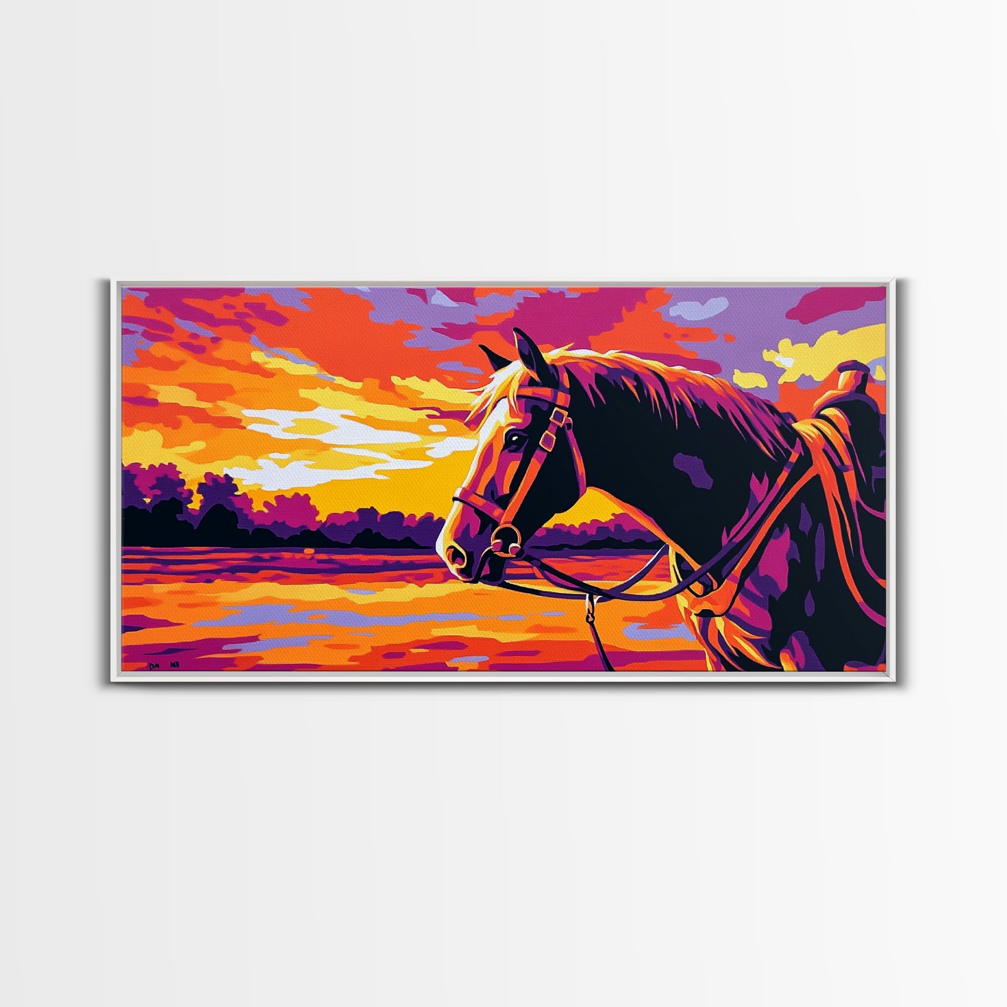 Horse Landscape, vintage horse art, sunset painting, rustic decor, western theme, panoramic painting, canvas print