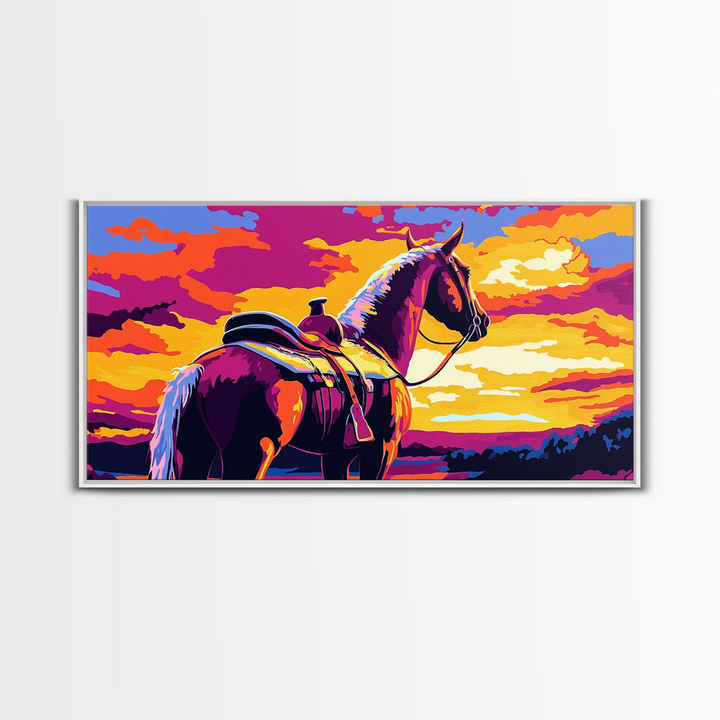 Saddled horse, sunset view, western ranch, cowboy aesthetic, rustic decor, farmhouse painting, moody art, canvas print