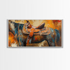 Western Saddle Art, Canvas Print, Rustic Decor, Moody Art, Southwest Wall Art, Extra Wide Art, Above Bed Wall Art, Farmhouse Wall Art