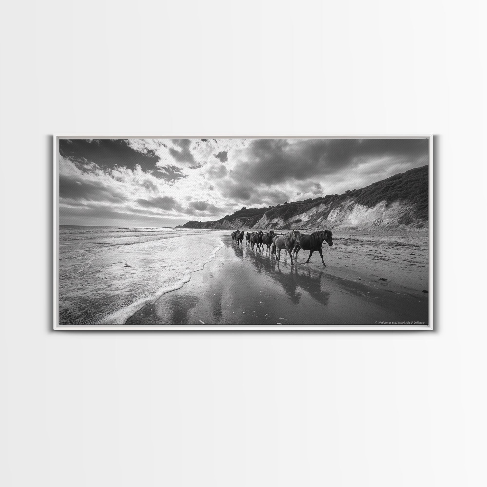 Wild Horses, vintage horse art, rustic decor, equestrian painting, black and white photography, ocean painting, coastal wall art, Framed Canvas Print