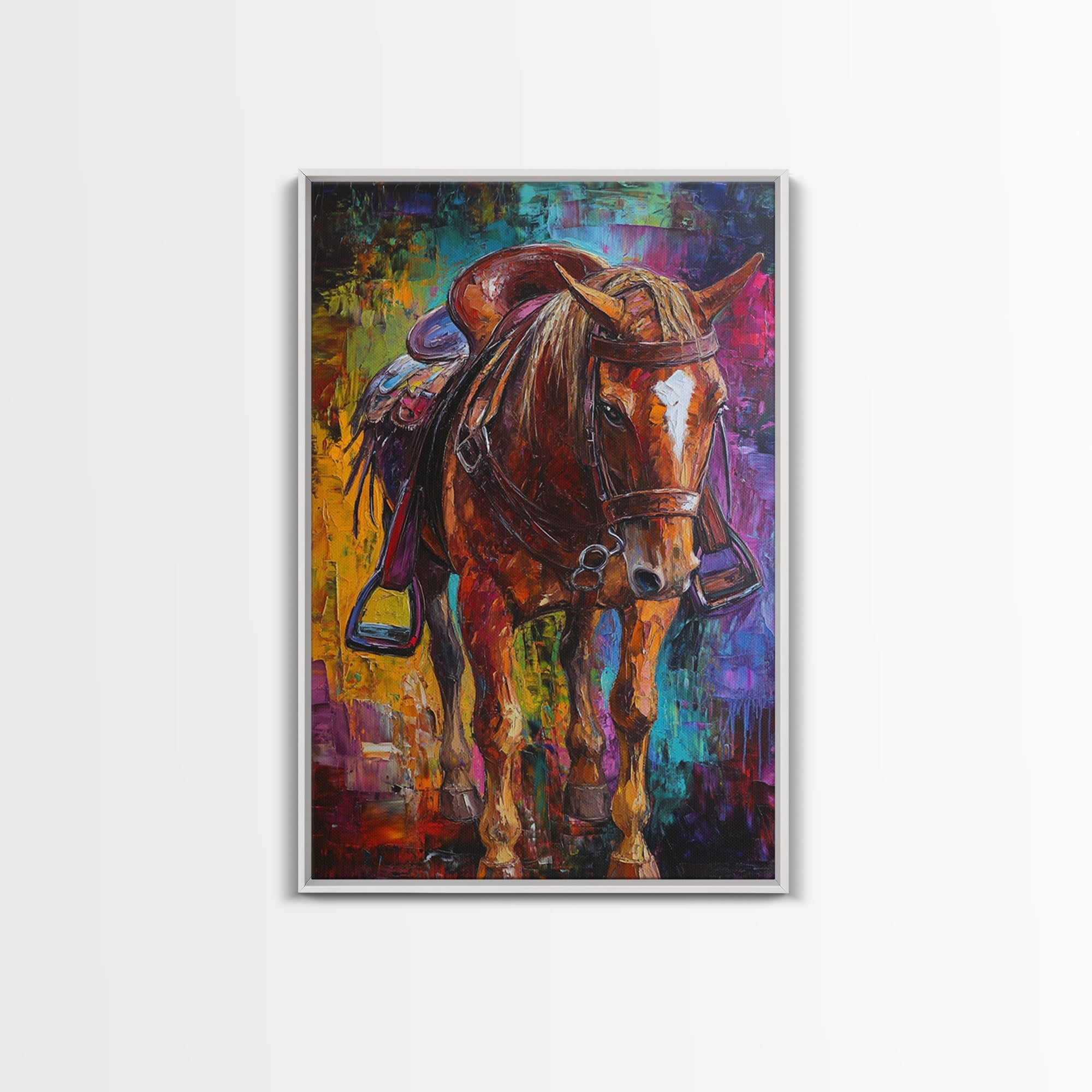 Bold Horse, vibrant painting, horse wall art, colorful western decor, rustic art, above couch art, boho art, Framed Canvas Print