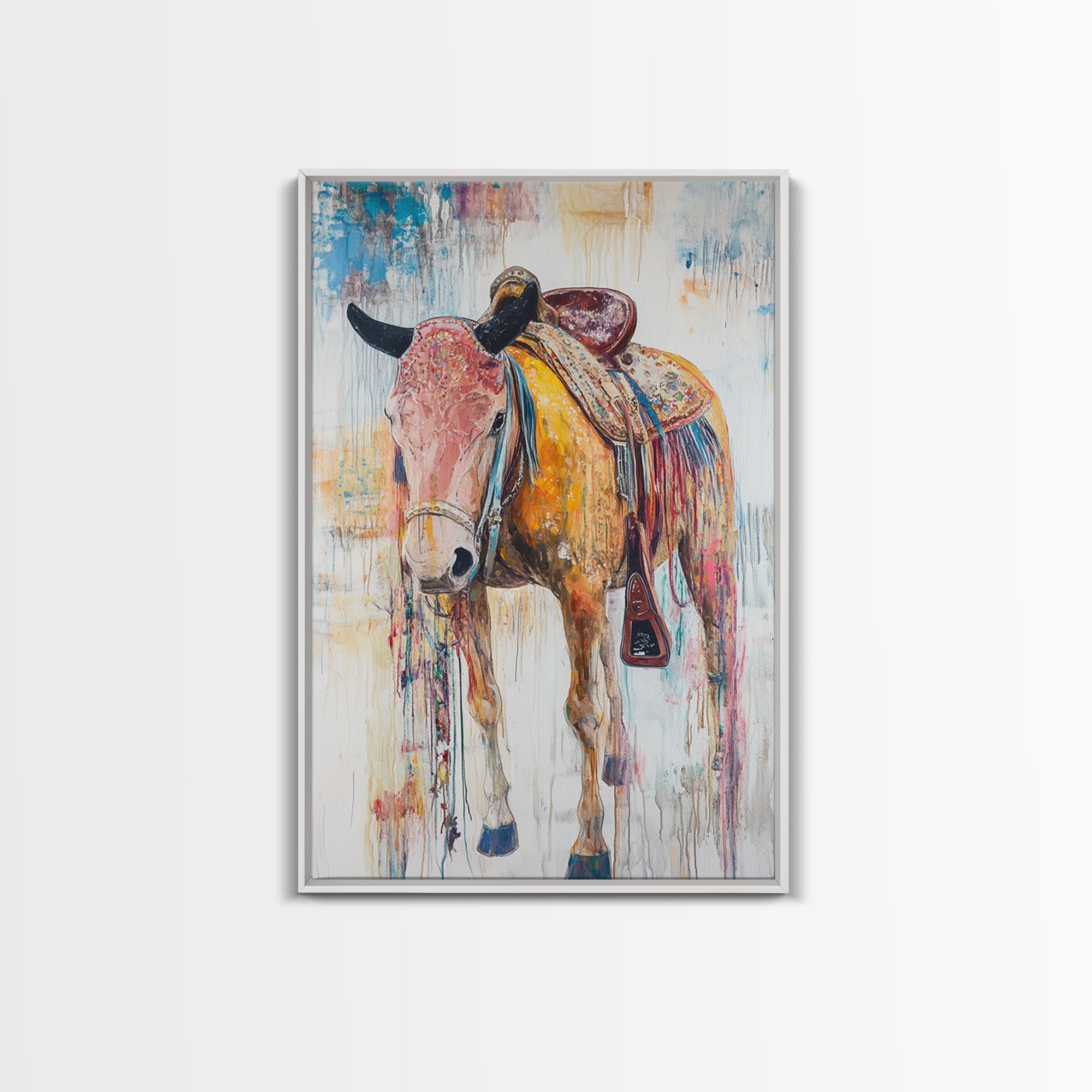Painted saddle horse, vintage horse art, cowboy decor, rustic wall art, framed canvas print, boho art, above bed wall art, western art