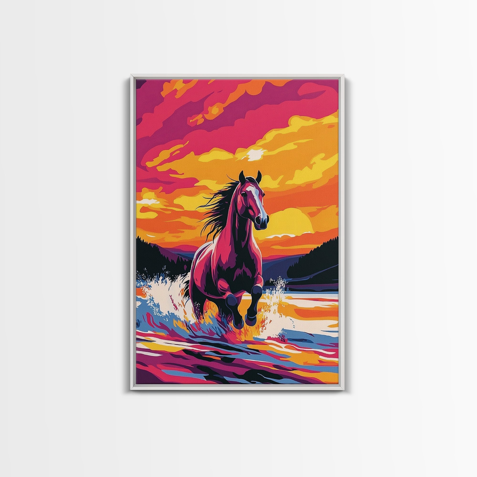 Horse Running, pink orange wall art, vintage horse art, sunset painting, horse wall art, rustic decor, gift idea for her, Canvas Print