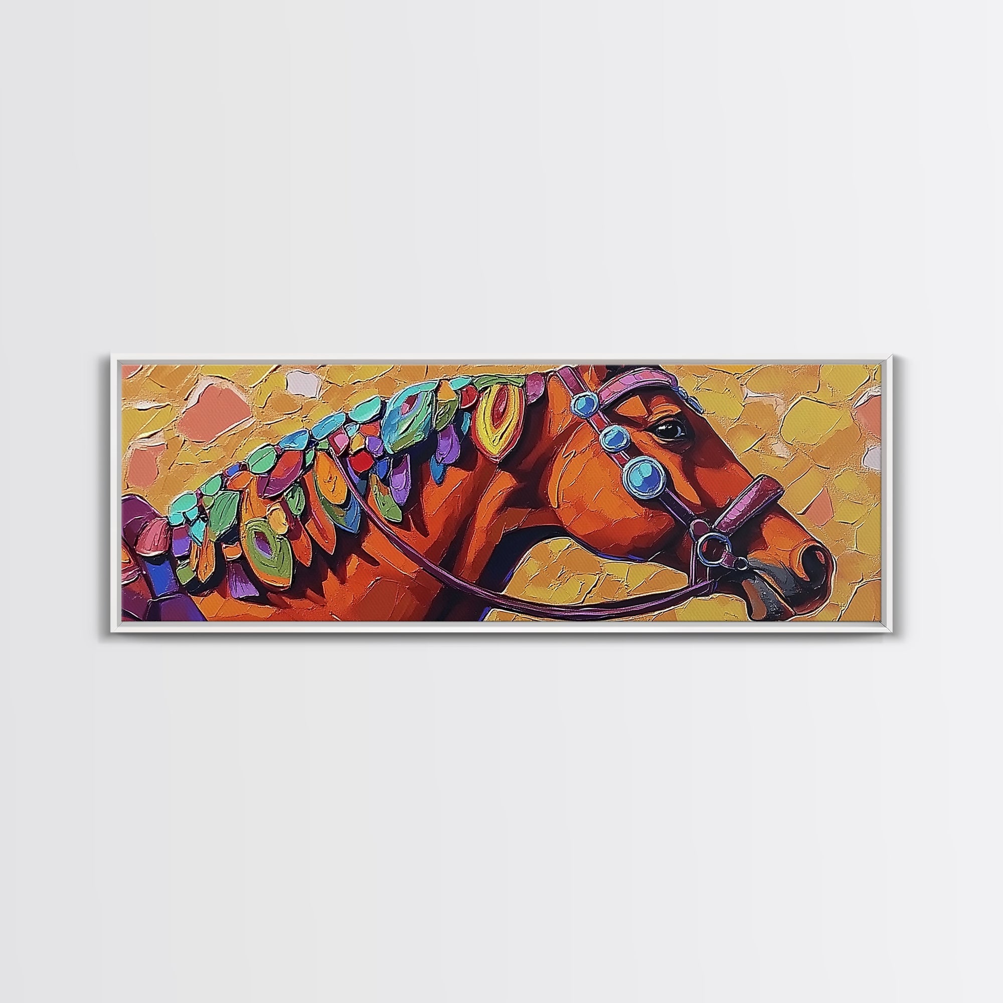 Colorful horse, abstract, horse wall art, rustic art, vintage horse art, panoramic painting, framed canvas print, extra wide art