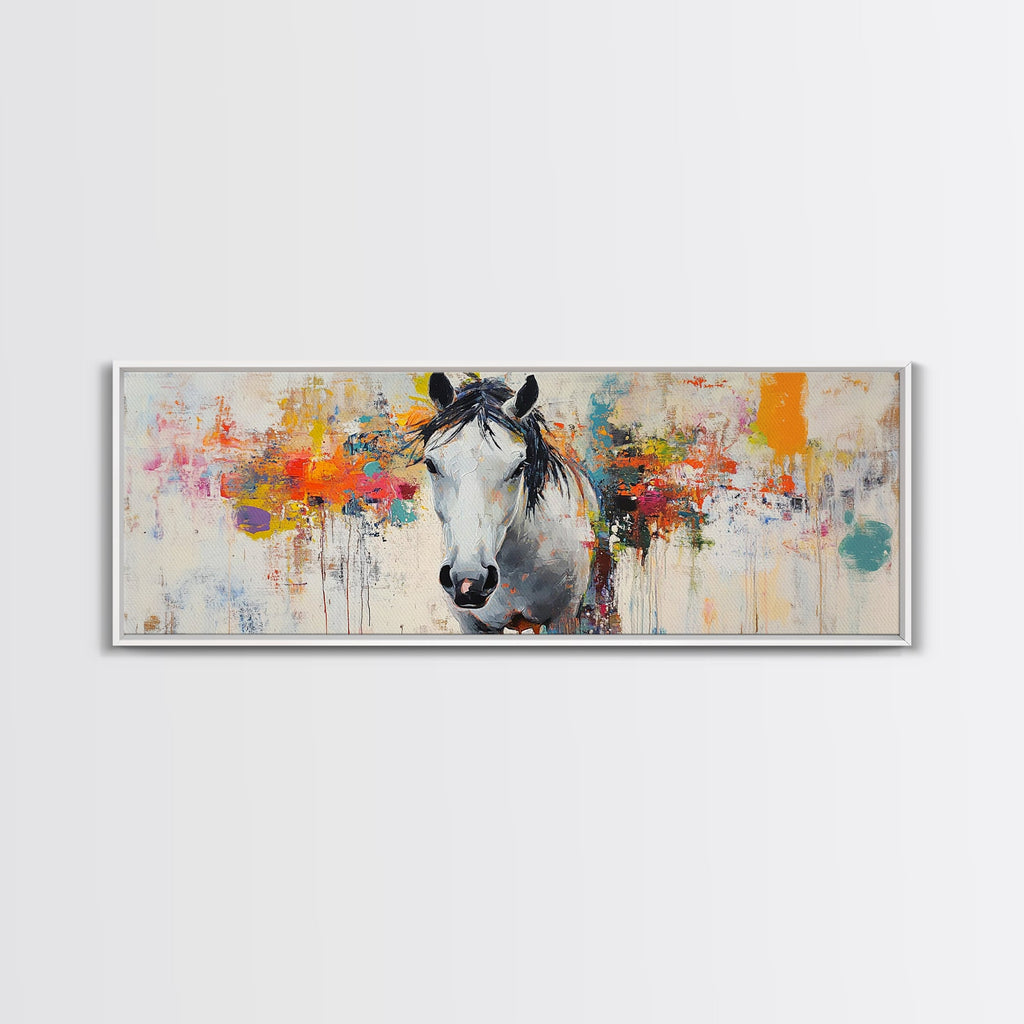 White horse, abstract, moody art, rustic decor, impressionist horse, framed canvas print, extra wide art, modern farmhouse art