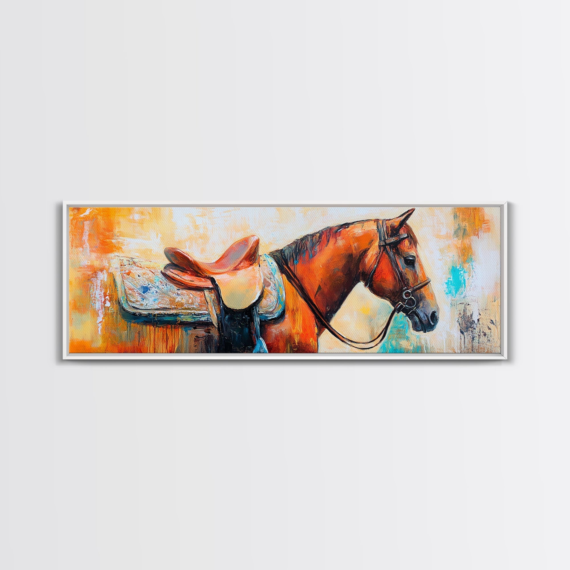 Saddled Horse, vintage horse art, rustic decor, cowboy painting, moody art, farmhouse art, western wall art, framed canvas print
