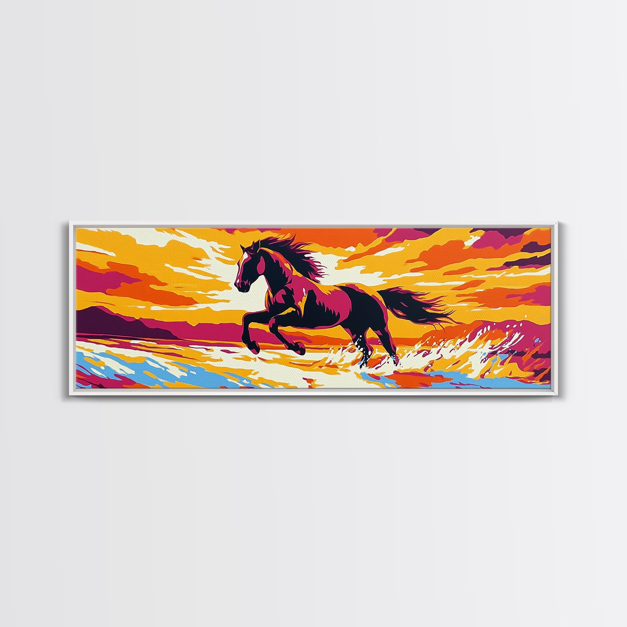Sunset Horse Painting, Canvas Print, Vintage Horse Art, Pink Orange Wall Art, Southwest Wall Art, Rustic Decor, Panoramic Art, Farmhouse Art, Living Room Art