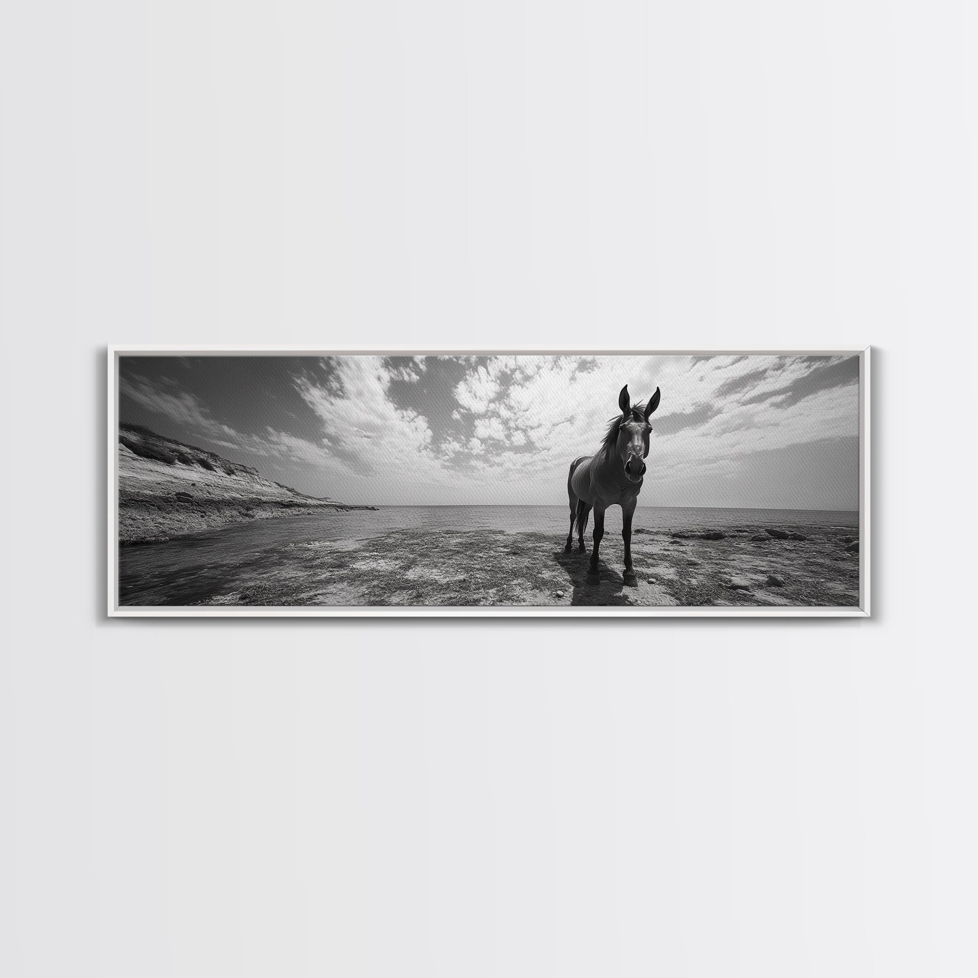 Lone horse, coastal cowgirl, panoramic art, extra wide art, vintage horse art, framed canvas print, rustic decor, seascape painting, moody art
