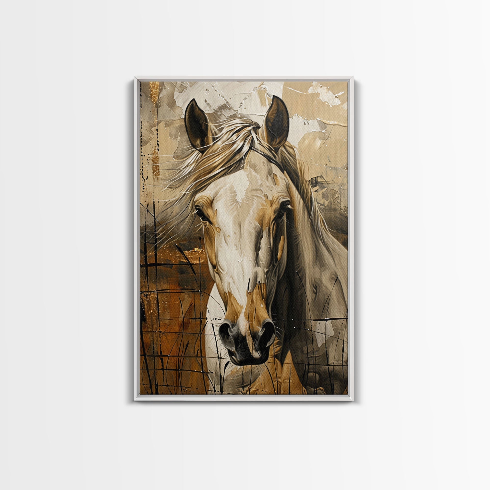 Realistic Horse Portrait with Warm Background - Framed Canvas Print, Equine Art, Living Room Wall Decor, Bedroom Horse Art Print