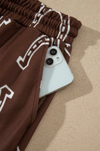 Brown Western Print Elastic Waist Pocket 2pcs Pant Set
