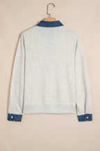 Gray Denim Collar Patchwork Long Sleeve Pullover Top
