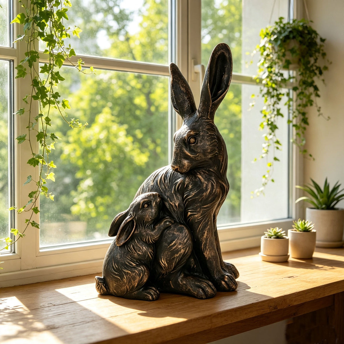 22'' Tall Mother Hare & Baby Cuddling Garden Statue