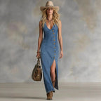 Button-Front Sleeveless Denim-Style Dress – Vintage, S–XXL