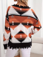 Geometric Frayed Hem V-Neck Long Sleeve Sweater 4 Color Options