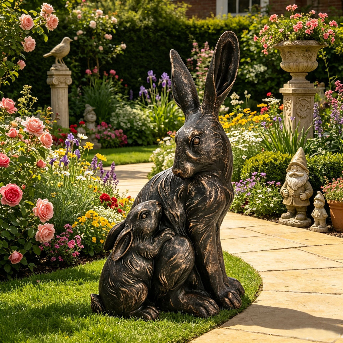 22'' Tall Mother Hare & Baby Cuddling Garden Statue