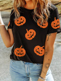 Glittering Pumpkin Face Crewneck Halloween T Shirt