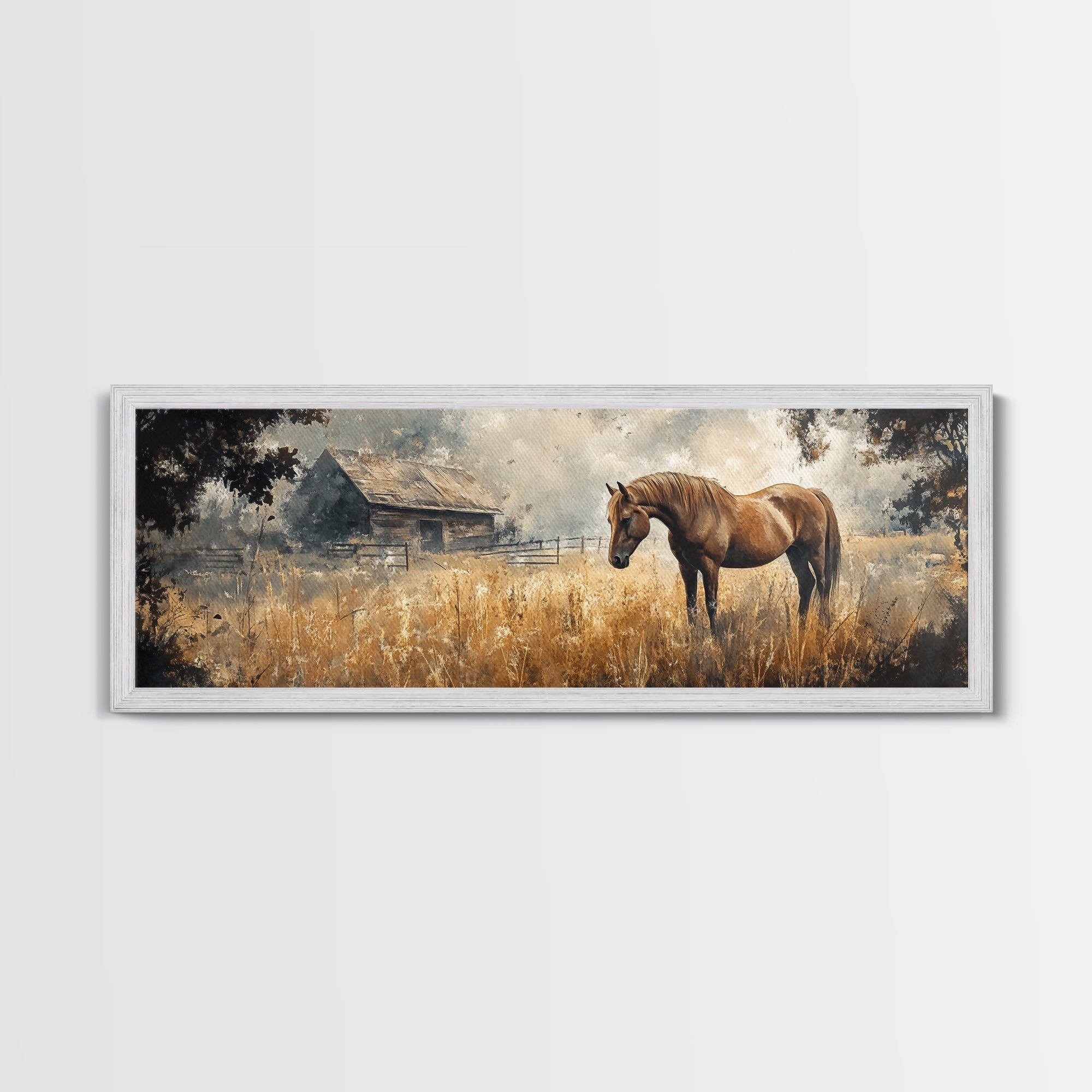 Framed Canvas Print Rustic Horse Art Vintage Farmhouse Decor Barn Landscape Oil Painting Above Couch Wall Art