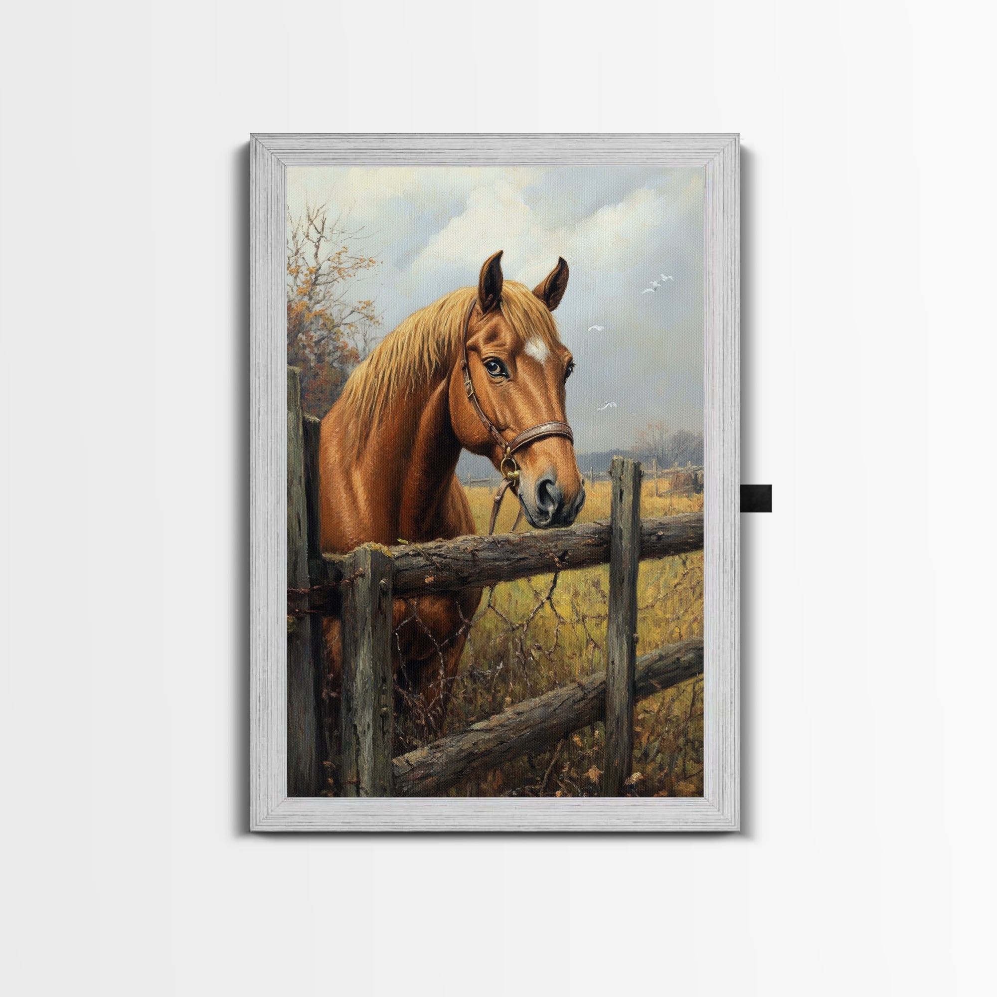 Farmhouse Horse Framed Canvas Print, Rustic Landscape Painting, Fall Bedroom Art, Gift Idea for Her, Cottagecore Wall Art
