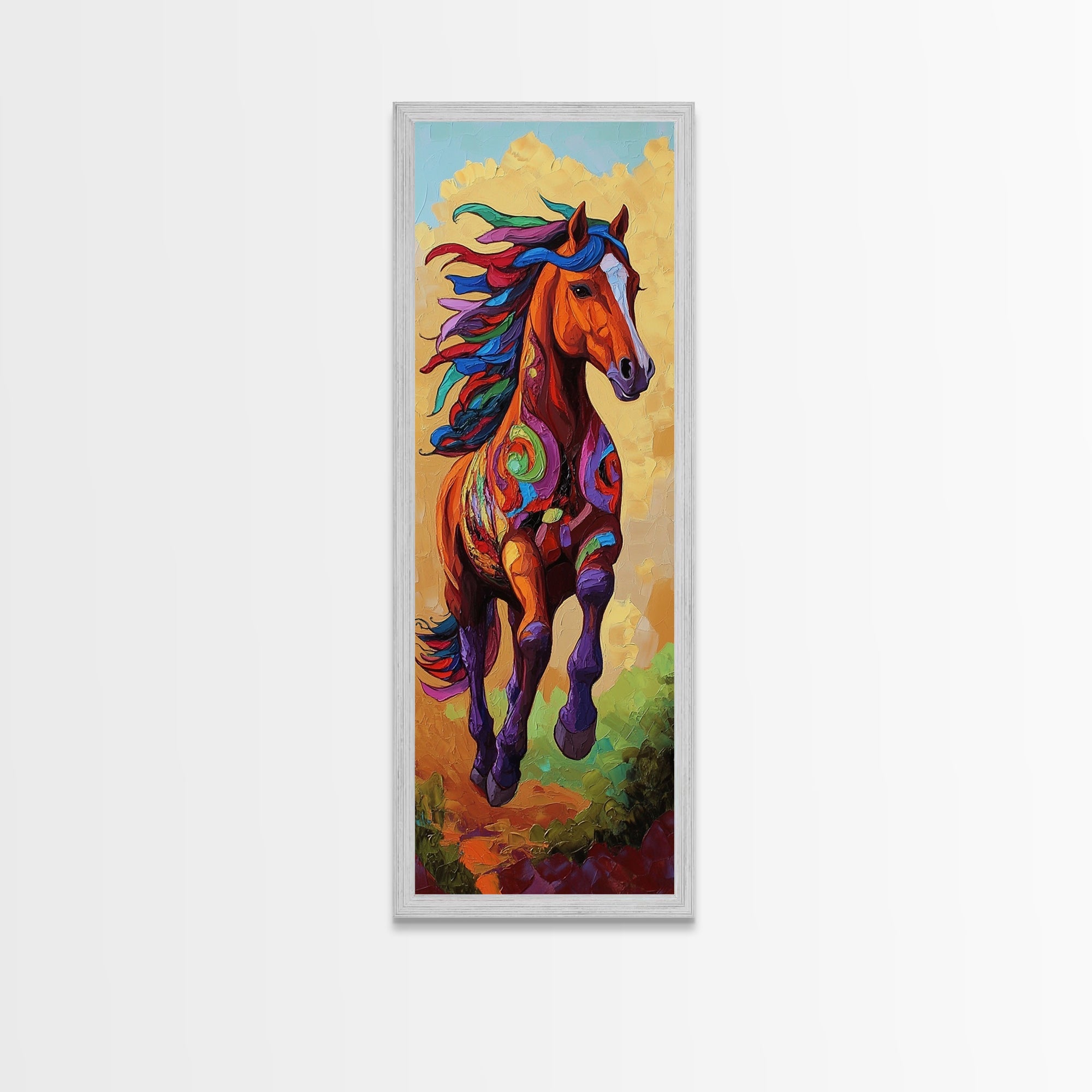 Horse Running, Abstract, Wild, Framed Canvas Print, Western Wall Art, Colorful Animal Decor, Rustic Living Room Art, Bold Horse Painting