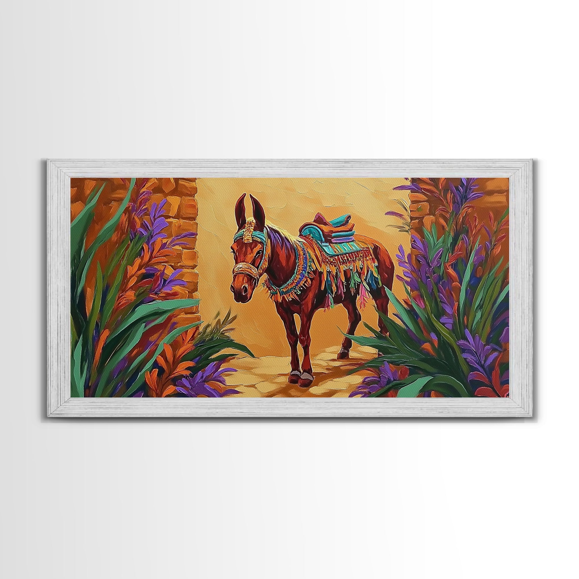 Fiesta Mule, Desert Horse, Rustic Charm, Framed Canvas Print, Western Wall Art, Entryway Decor, Colorful Southwest Painting