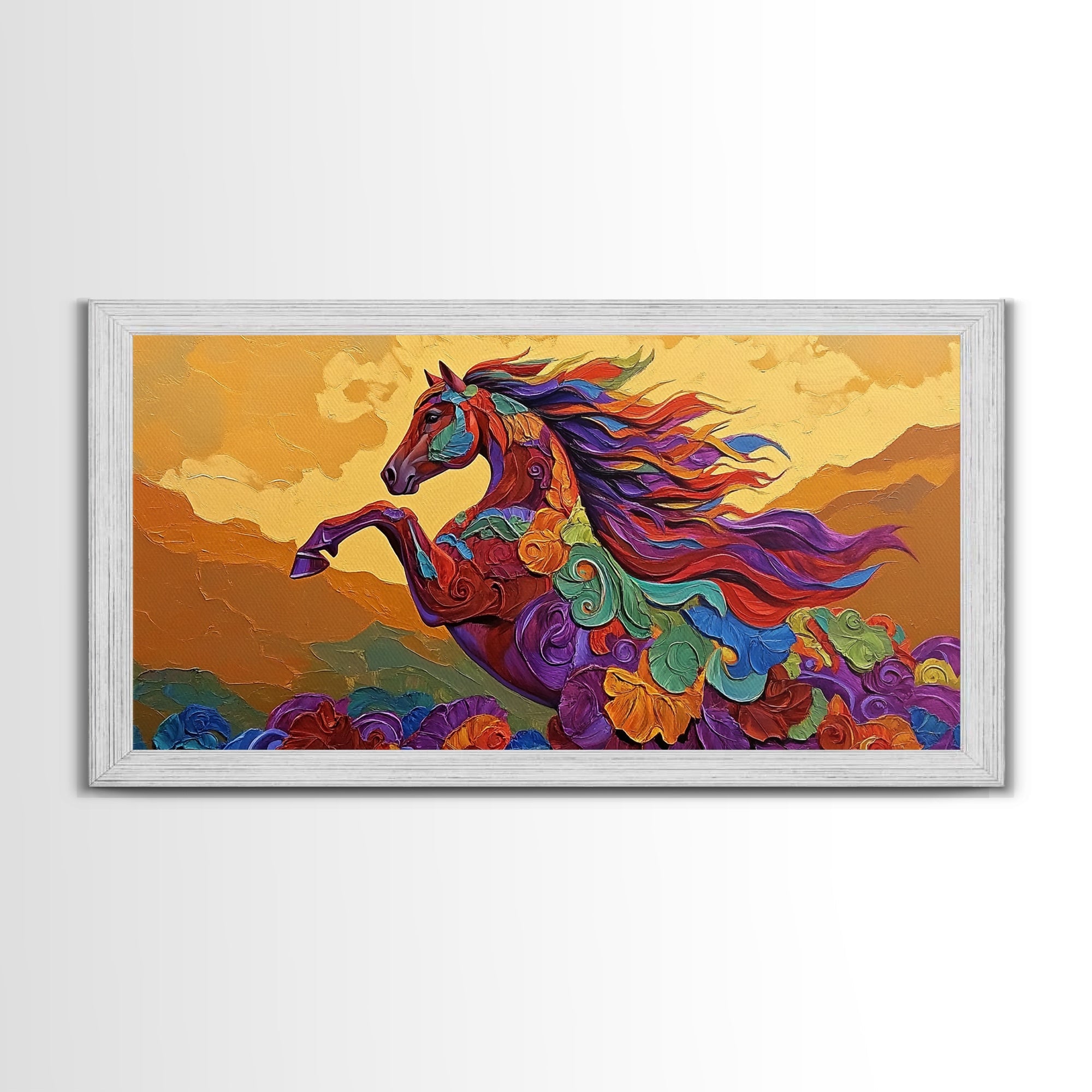 Horse Spirit, Sunset, Boho, Framed Canvas Print colorful western wall art, wild horse living room decor, boho equestrian nature artwork