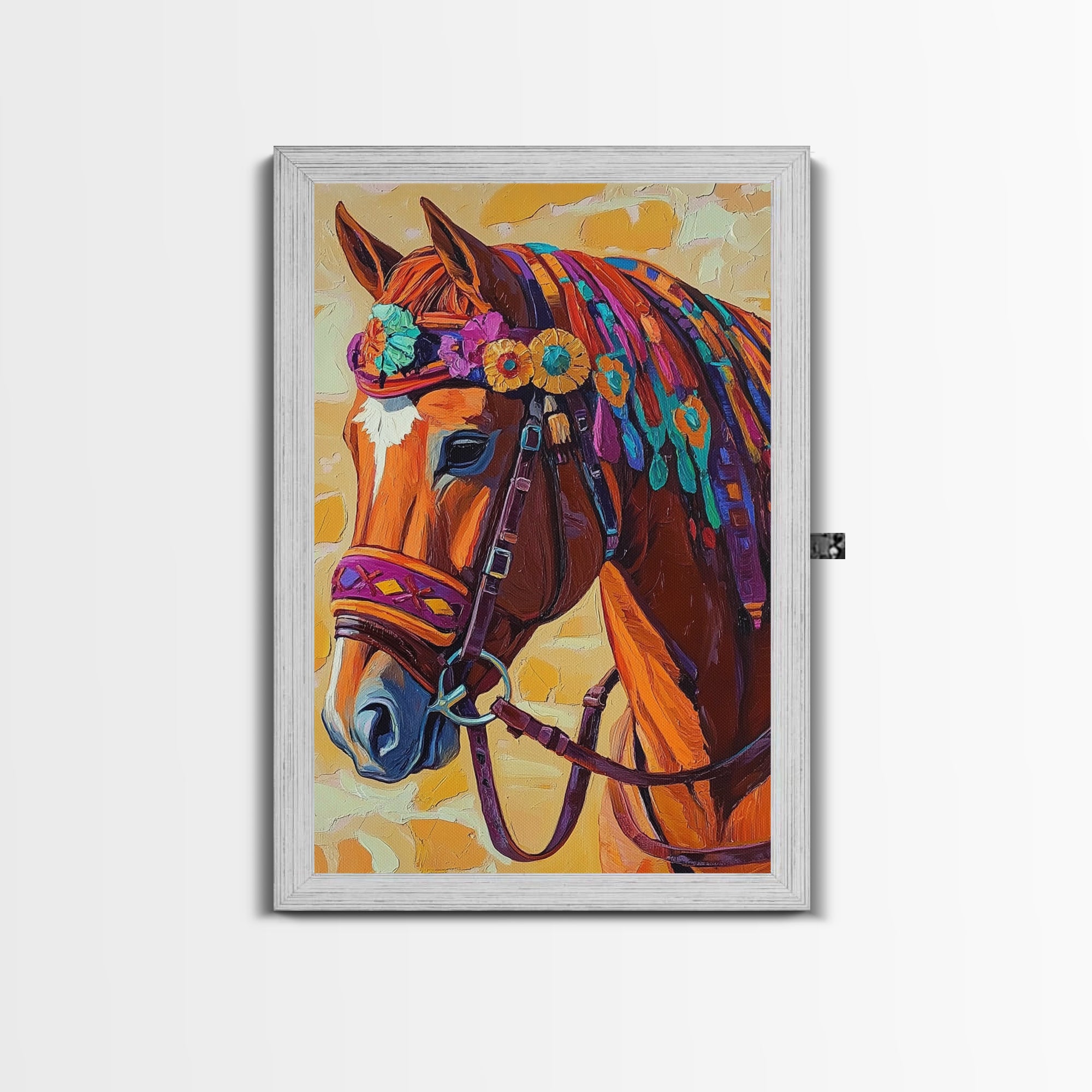 Horse Floral, Boho, Western, Framed Canvas Print colorful western horse painting, vibrant floral cowgirl decor, rustic farmhouse wall art
