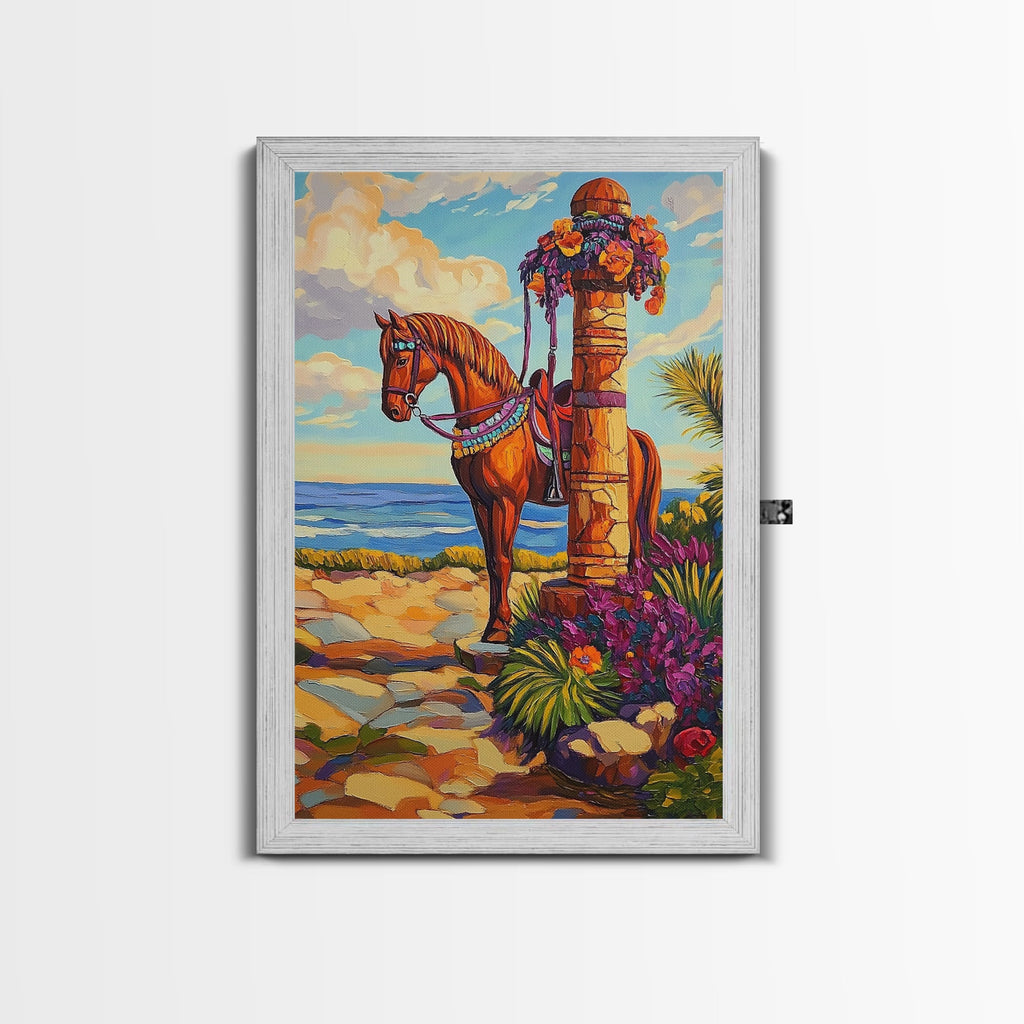 Horse Coast, Sky, Western, Framed Canvas Print scenic cowboy horse art, rustic western ocean view decor, farmhouse wall accent