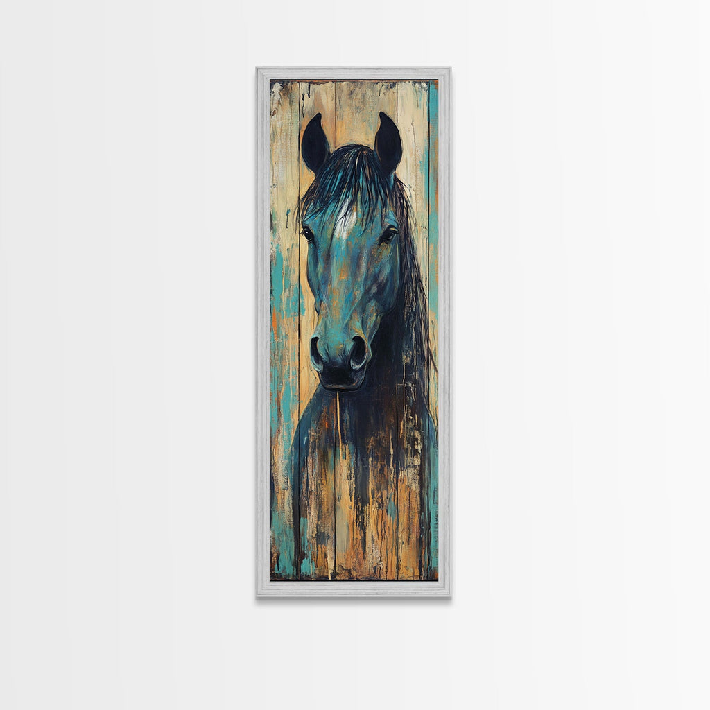 Rustic Blue Horse Painting Canvas Print Farmhouse Wall Art Vintage Horse Art Moody Art Living Room Art Southwest Wall Art