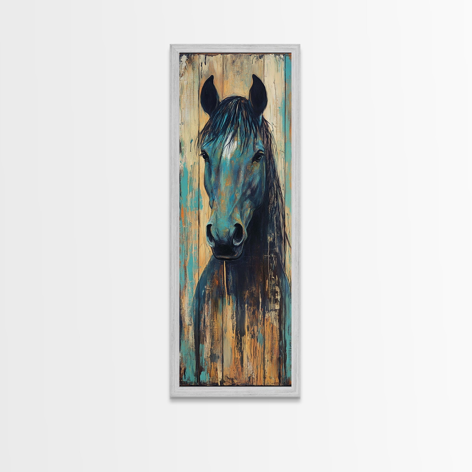 Rustic Blue Horse Painting Canvas Print Farmhouse Wall Art Vintage Horse Art Moody Art Living Room Art Southwest Wall Art